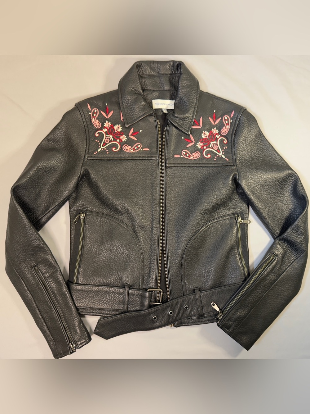 Rebecca Minkoff Embroidered Black Leather Jacket with Floral Accents